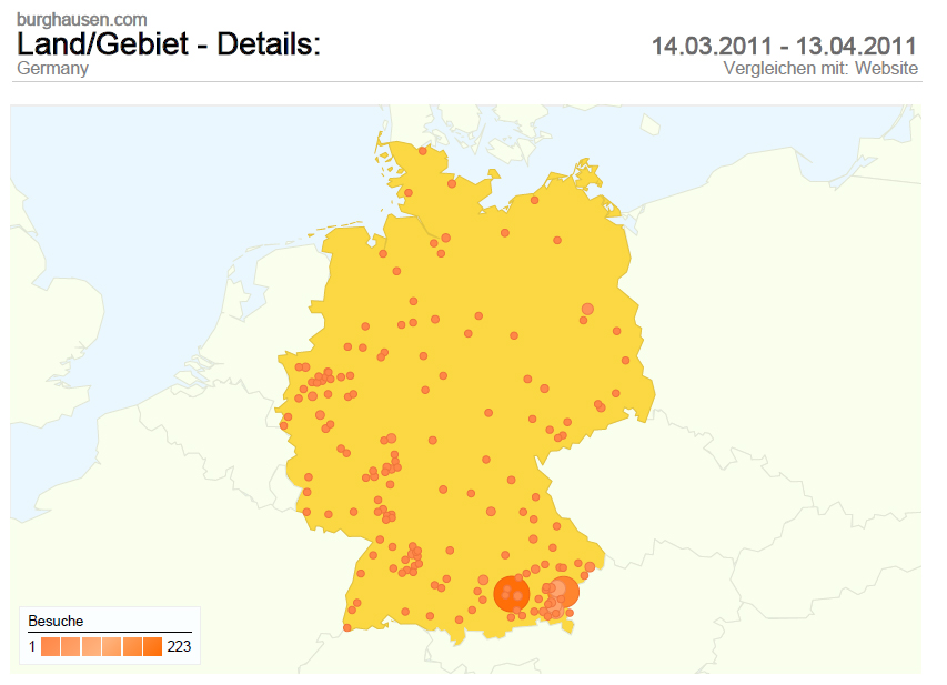 Die neu implementierte Web-Statistik zeigte bereits nach wenigen Tagen eine enorme Besuchsfrequenz und überdurchschnittlich lange Verweilzeiten auf www.burghausen.com, mit Schwerpunkt auf Besuche von Deutschland (im Bild) und den deutschsprachigen Ländern, dicht gefolgt von europäischen Ländern sowie USA und Asien.